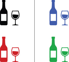 Minimal Wine Bottle and Glass Icon in Multiple Colors on White Background