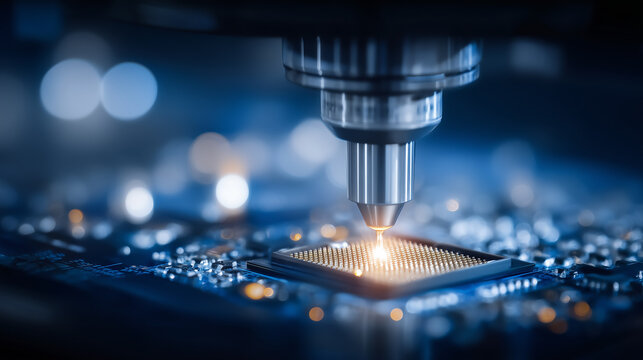 Precision machine tool working on a microchip surface, symbolizing semiconductor manufacturing, quality control, and advanced electronics production.
