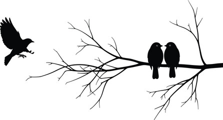 Birds on Tree Branch Silhouette Flying Crow and Perched Birds Wildlife Nature Scene Isolated Vector Illustration Design © Mashrafi Saba 