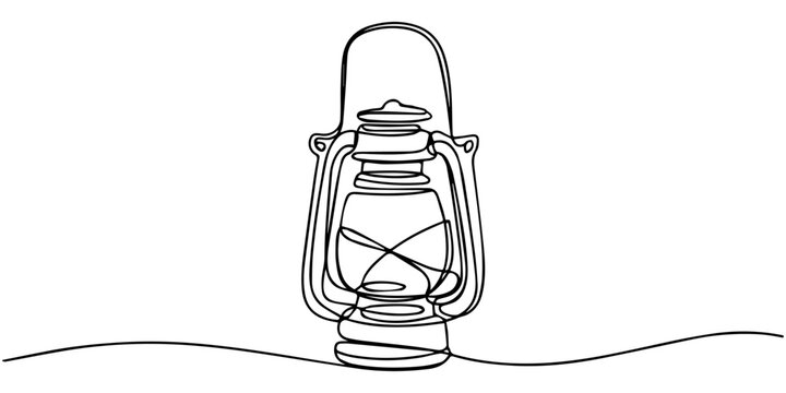 old lantern continuous one line drawing, Abstract vintage kerosene lamp or lantern , continuous one line art hand drawing sketch, Minimalist one line drawing of a vintage oil lantern showcasing