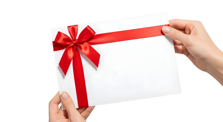 Obraz premium Blank white piece of paper with gift silk ribbon bow holding in women's hands isolated on flat light background, copy space, gift certificate template.