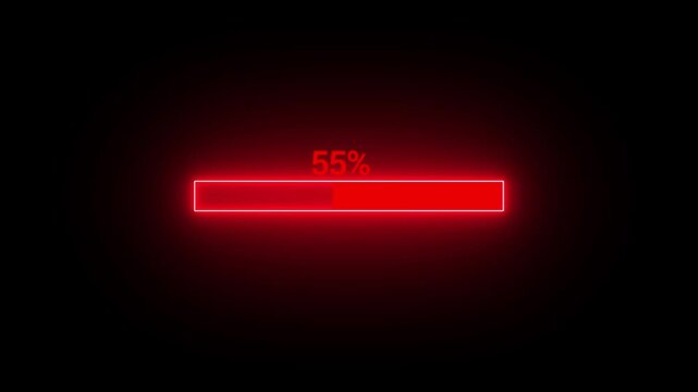 A vibrant red neon style loading bar is displayed prominently against a completely black background indicating one hundred percent completion high quality professional
