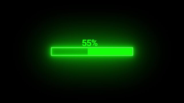 A vibrant green loading bar illuminates a black background displaying a complete 100 progress indication with a neon glow high quality professional