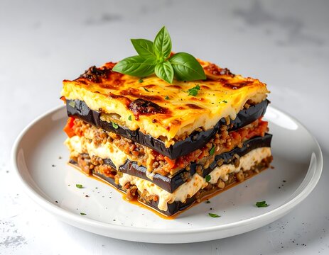 Delicious Moussaka Stack with Eggplant and B?chamel Sauce.