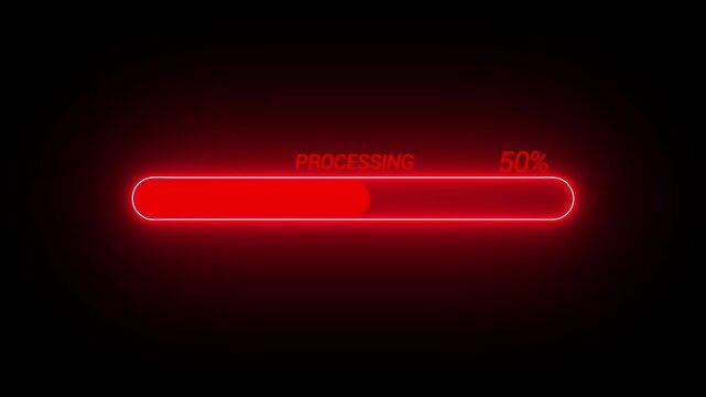 A vibrant red loading bar is prominently displayed against a stark black background indicating a process is fifty percent complete high quality