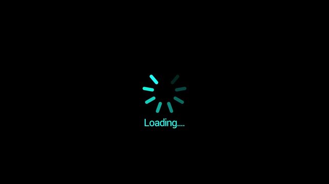 A minimalist digital illustration displays a rotating loading icon and text on a stark black background signifying data transfer high quality professional