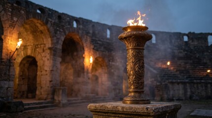 Obraz premium Ornate Renaissance-Inspired Ceremonial Torch Ablaze with Flame Amidst Ancient Stone Ruins at Dusk