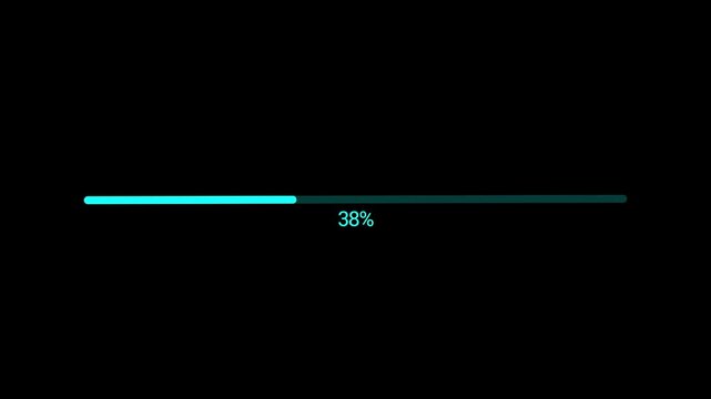 A digital progress bar displays a minimal loading screen with a teal color indicating one percent completion on black high quality professional