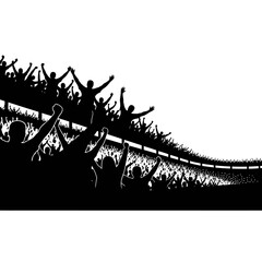 Silhouetted crowd cheering and celebrating in a stadium stands during a sports event. © Kyle
