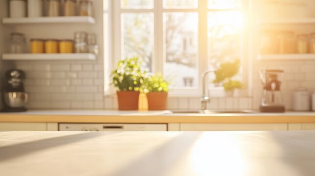 A kitchen with a window and a countertop. The countertop is empty and the window is letting in sunlight