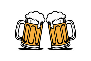 A vector graphic illustration of two beer mugs with foamy beer on a white background