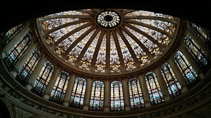 Obraz premium Valencia, Spain - stained glass window at The Silk Exchangeâ€™s Hall of Columns, October 2025. 