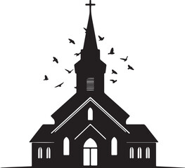 Symmetrical Country Church Silhouette with Steeple and Flying Birds for Easter