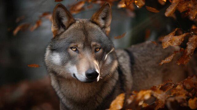 wolf in misty autumn forest stands alert, soft rays of light filter through amber leaves, close-up of textured fur and attentive gaze, surrounding fog and tree