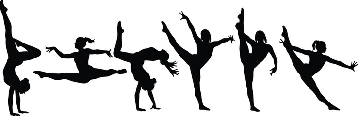 Girls Gymnastics Silhouette Set Acrobat Dance Jump Pose Collection Isolated Vector Illustration Athlete Movement Balance Sport Training Clipart