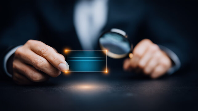 Hand holding a payment card with a magnifying glass symbolizing fraud detection, transaction verification, and financial compliance.
