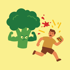 Fototapeta premium Angry Broccoli Chasing Scared Person with Burger.
