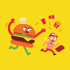 Naklejka premium Angry Burger Chasing Scared Fast Food Worker.