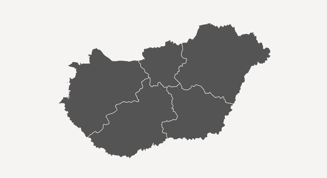 Hungary Country Map Silhouette in Gray with Administrative Divisions on Isolated White Background