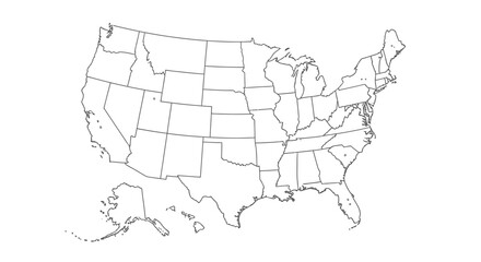 United States of America Outline Map with State Divisions on Isolated White Background