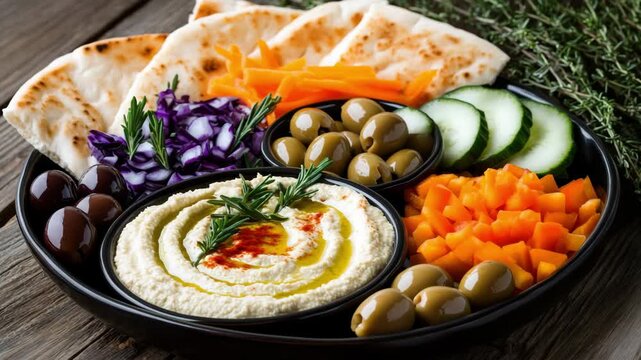 A vibrant assortment of hummus with olive oil, fresh vegetables, olives, and pita bread arranged on a dark plate. Perfect for a healthy snack or appetizer.