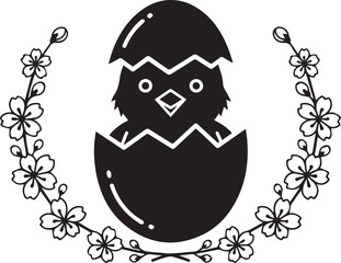 Mobilechick, hatching, egg, easter, silhouette, wreath, cherry, blossom, flower, spring, bird, baby, cute, cartoon, character, animal, nature, floral, border, frame, graphic, vector, illustration, bla