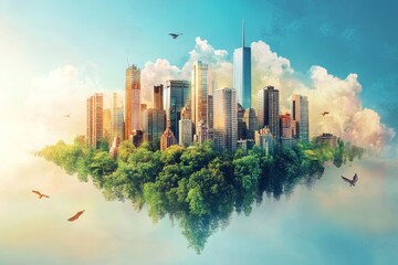 Fototapeta premium A vibrant and surreal cityscape, suspended above greenery, merges nature and modern architecture under a clear blue sky, evoking tranquility and innovation.