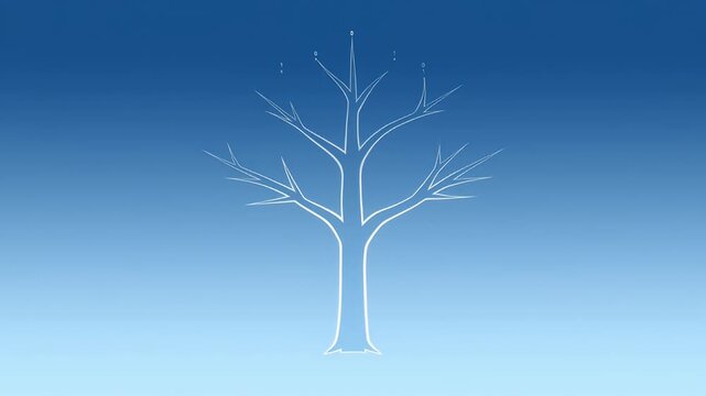 Minimalistic illustration of a bare tree with binary code on branches on blue