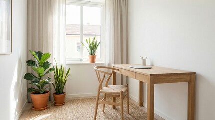 Fototapeta premium Bright and Minimalist Home Office with Light Wood Desk, Scandinavian Chair, and Lush Green Potted Plants by a Window in a Modern Interior