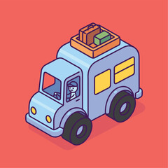 Naklejka premium Cartoon moving truck with luggage on top.