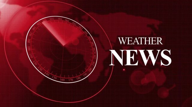 Tv-style weather news graphic with radar overlay and world map background animation