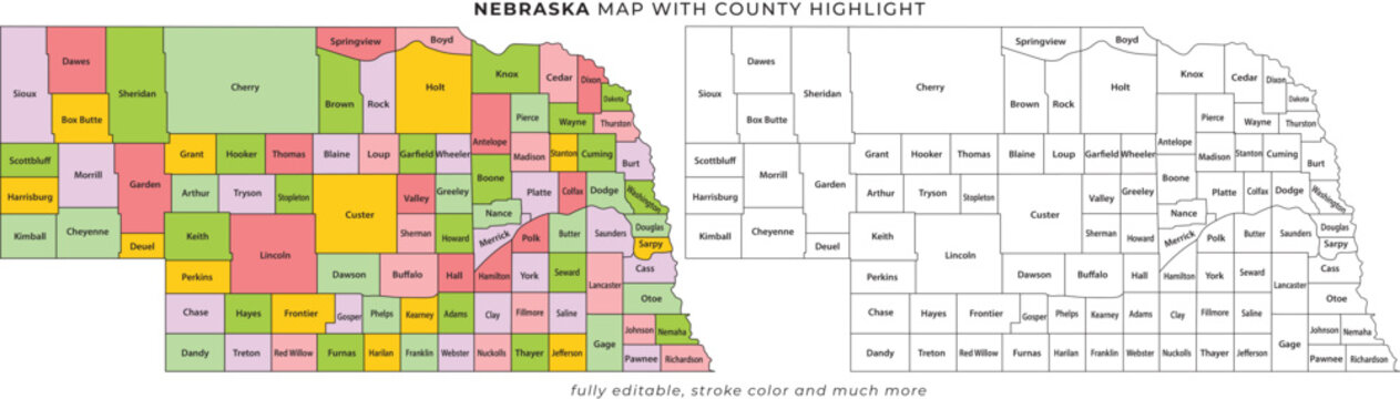 Nebraska county map with color coded sections and black and white outline illustration