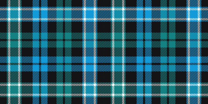 Scottish tartan plaid pattern with intersecting lines and diagonal hatching. Ornament in black, white, blue, and teal colors for fabric, wallpaper, and packaging