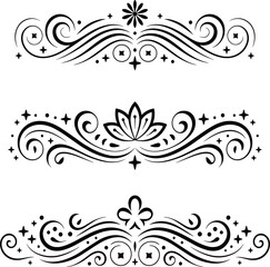 Fototapeta premium Three black and white decorative swirl patterns with floral and star des