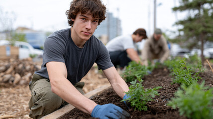 Fototapeta premium Earth Day volunteer action a multicultural team of young adults planting native wildflower seedlings on a degraded urban lot converted to garden