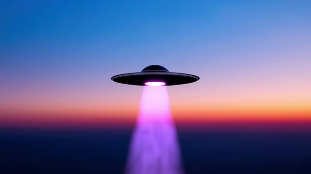 An unusual craft with bright beams of light is seen hovering against a colorful sunset, creating a striking contrast in the twilight sky. The atmosphere is calm and serene.