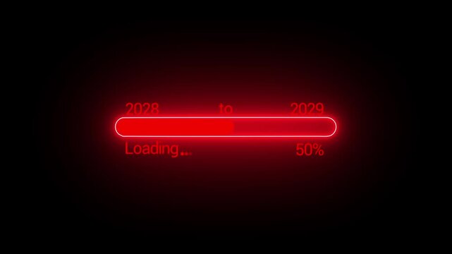A vibrant red loading bar on a black background displays loading and progresses to fifty percent completion with dates 2028 to 2029