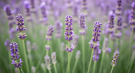 Obraz premium A field of vibrant purple lavender blooms in soft sunlight
