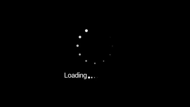 A stark black background displays a circular loading indicator composed of small white dots accompanied by the text loading high quality professional