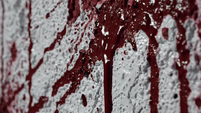 texture of cement white wall with red blood-like paint streaks creating horror concept background for scary themes 