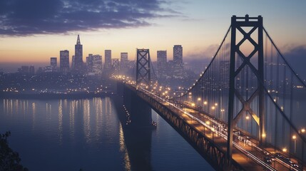 Naklejka premium Captivating view of a bridge illuminated with city lights against a dusky skyline, showcasing urban beauty reflected in calm waters.