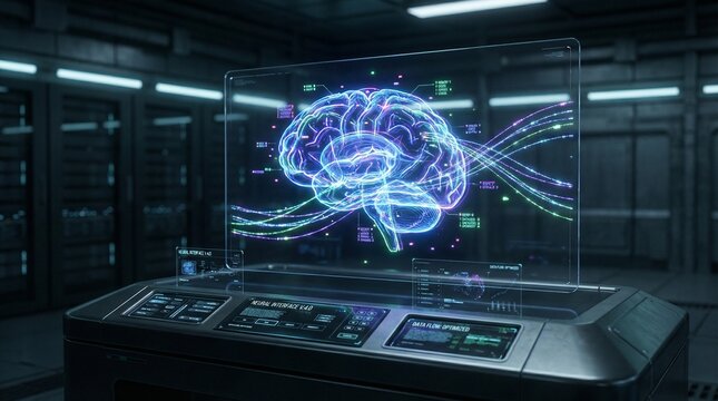 Glowing holographic human brain on a futuristic transparent screen, surrounded by abstract data flow and neural network visualization in a high-tech lab.