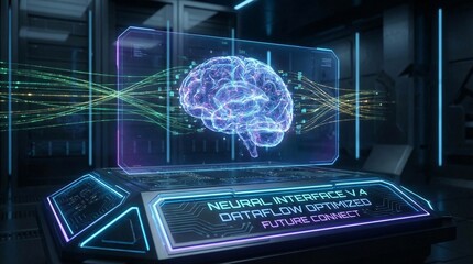 Fototapeta premium Glowing holographic human brain emerging from a sleek futuristic data processing unit, highlighting neural interface and optimized data flow concepts.