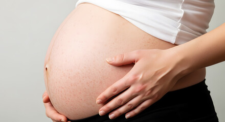 Pregnant belly with hands caressing skin showing stretch marks and linea nigra woman