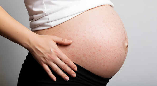 Pregnant belly with red rash and hand touching skin image