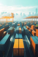 Fototapeta premium A city skyline with a large number of cargo containers. Scene is busy and bustling, with the containers stacked high and the city in the background