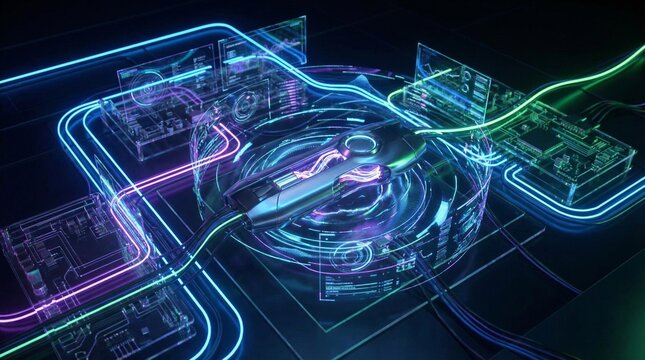 Sleek futuristic computer mouse with glowing neon accents and surrounded by holographic data displays and abstract circuit board elements, symbolizing advanced input.
