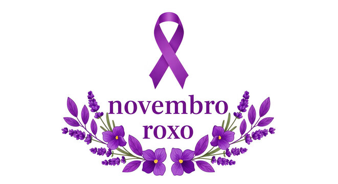 Purple ribbon with flowers and text Novembro Roxo for awareness lavender violet