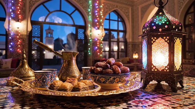 Iftar Ramadan celebration with traditional dates, baklava, coffee, and Arabic coffee pot on a mosaic