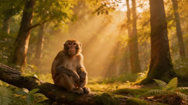 Monkey Sitting Peacefully in Forest Sunlight